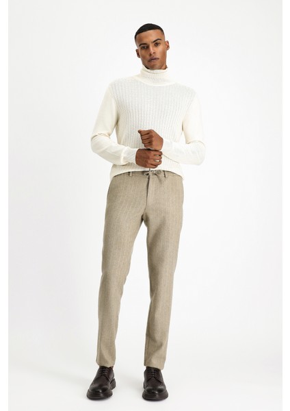Slim Fit Dar Kesim Yünlü Beli Lastikli Ipli Çizgili Klasik Kumaş Pantolon