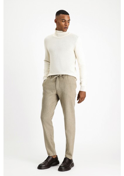 Slim Fit Dar Kesim Yünlü Beli Lastikli Ipli Çizgili Klasik Kumaş Pantolon fiyatları