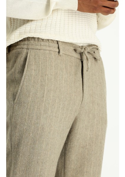 Slim Fit Dar Kesim Yünlü Beli Lastikli Ipli Çizgili Klasik Kumaş Pantolon modelleri