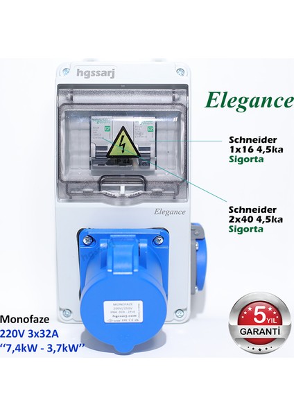 Elegance, Monofaze Elektrikli Araç Kombinasyon Kutusu, Tesla Blue Adaptöre Uyumlu, 3X32A + 1X16A - Schneider Marka Sigorta Grubu