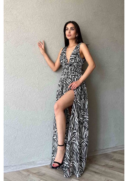 Siyah Desenli Yırtmaçlı Nice Elbise fiyatları
