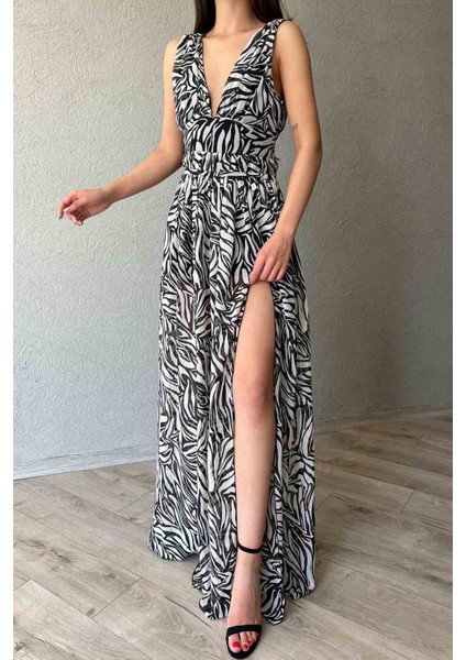 Siyah Desenli Yırtmaçlı Nice Elbise modelleri