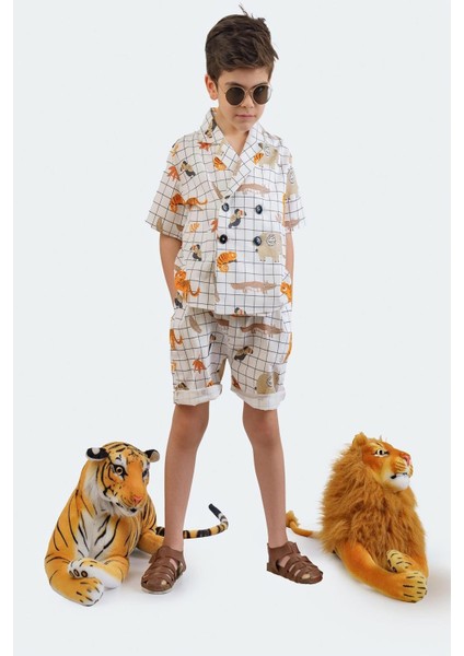 Kareli Hayvan Desenli Kruvaze Erkek Çocuk Keten Gömlek MKN2008