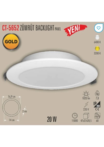 CT-5652 Zümrüt 20 Watt Günışığı Sıva Altı Yuvarlak Backlight LED Panel