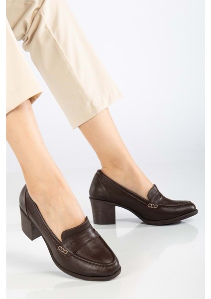 Kadın Deri Saraçlı Klasik Topuklu Ayakkabı - Kahve
