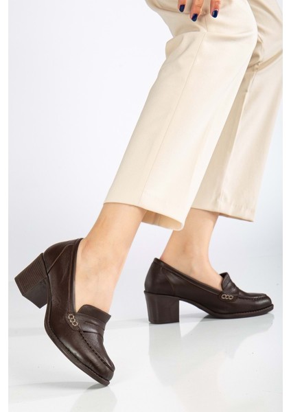 Kadın Deri Saraçlı Klasik Topuklu Ayakkabı - Kahve fiyatları