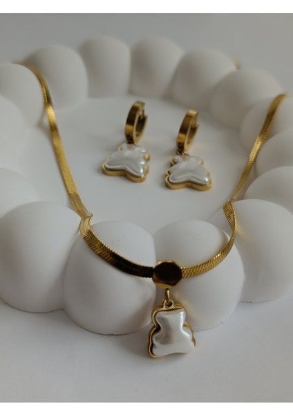 Gold Renk Ince Italyan Balık Sırtı Zincir Çelik Kolye-Küpe Set