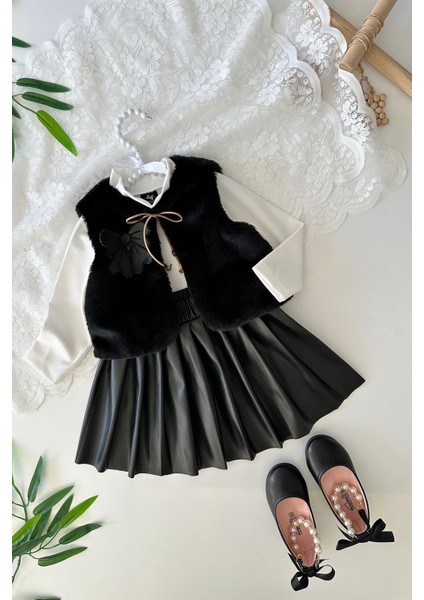 Kürk Yelekli, Deri Etekli, Fiyonk Detaylı Kız Çocuk 3 lü takım - Siyah