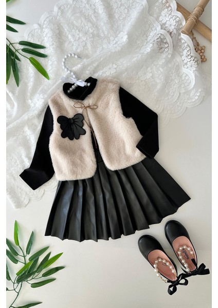 Kürk Yelekli, Deri Etekli, Fiyonk Detaylı Kız Çocuk 3 lü takım - Bej