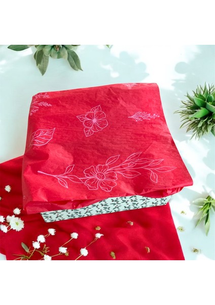 Kırmızı Beyaz Çiçek Baskılı Pelur / 17GR. Kırmızı Hışır Pelur Kağıt / 50X70 cm 10 Adet / Özel Ürün