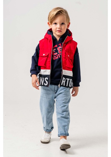 Su Geçirmez Astarlı Kapüşonlu 3 Parça Erkek Çocuk Yelekli Takım