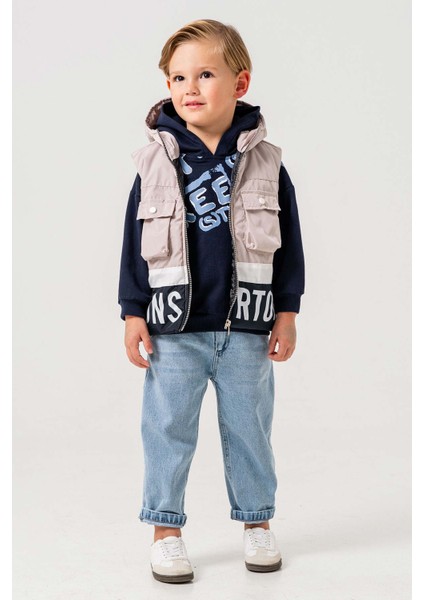 Su Geçirmez Astarlı Kapüşonlu 3 Parça Erkek Çocuk Yelekli Takım