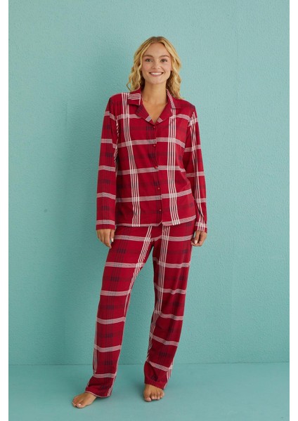 Kadın Genç Milan Önden Düğmeli Uzun Kollu Pijama Takımı | 50701-68