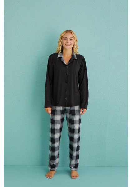 Kadın Genç Önden Düğmeli Uzun Kollu Pijama Takımı | Siyah 50901-35