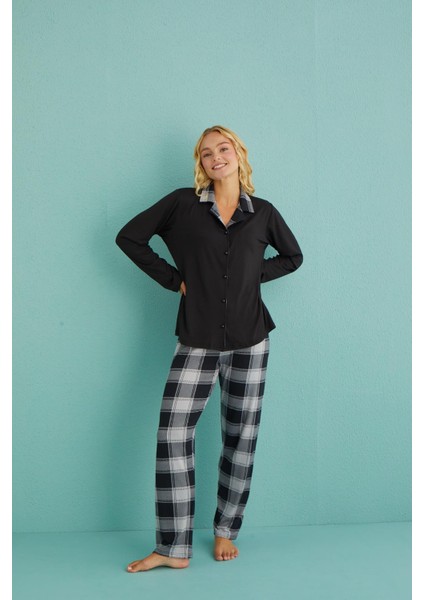 Kadın Genç Önden Düğmeli Uzun Kollu Pijama Takımı | Siyah 50901-35 fiyatları