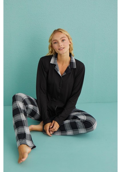 Kadın Genç Önden Düğmeli Uzun Kollu Pijama Takımı | Siyah 50901-35 fırsatları