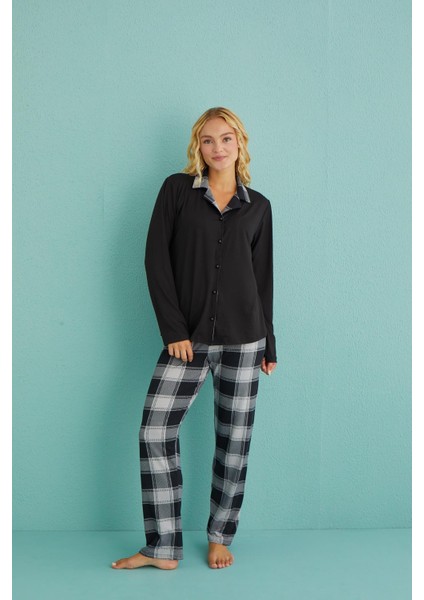 Kadın Genç Önden Düğmeli Uzun Kollu Pijama Takımı | Siyah 50901-35 indirimleri
