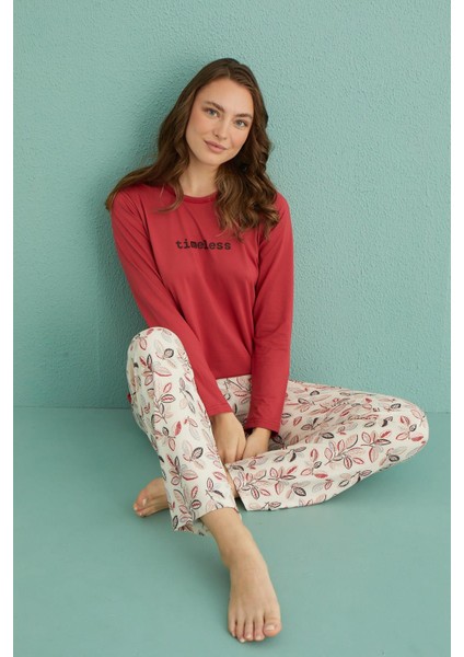 Kadın Genç Marla Bisiklet Yaka Uzun Kollu Pijama Takımı | 30103-1