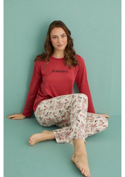 Kadın Genç Marla Bisiklet Yaka Uzun Kollu Pijama Takımı | 30103-1