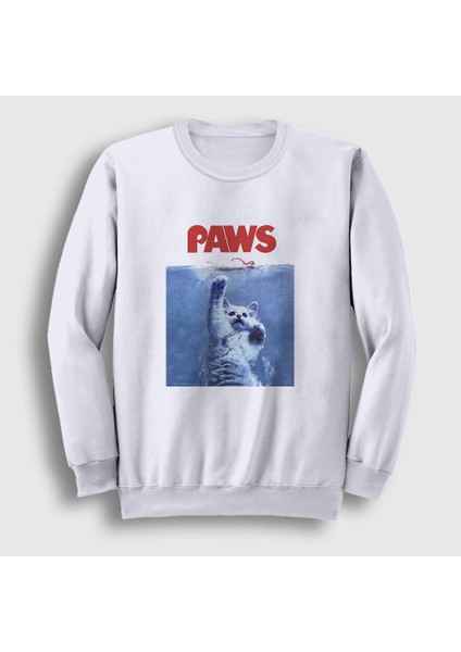 Unisex Beyaz Paws Jaws Film Komik Kedi Kedili Sweatshirt