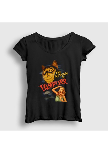 Kadın Siyah Vampurr Vampir Hediye Kedi Kedili T-Shirt