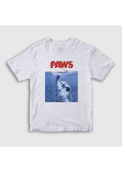 Çocuk Beyaz Paws Jaws Film Komik Kedi Kedili T-Shirt