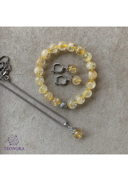 Sitrin Taşlı Gümüş Set (10 mm Sitrin - Kolye, Küpe, Bileklik)