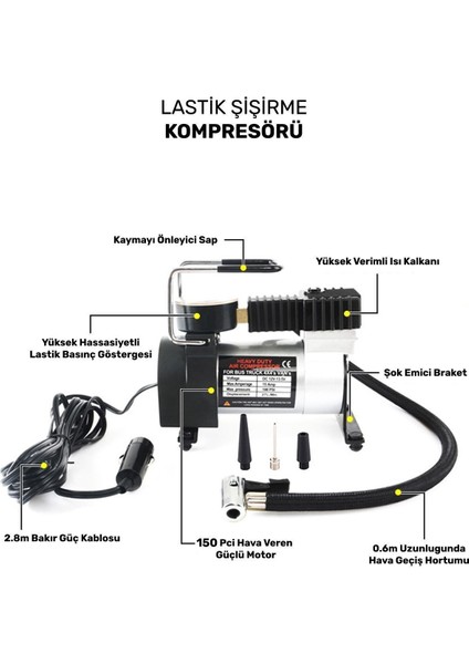 Araba Oto Araç Lastik Şişirme Pompası Metal Motorlu Kompresör 150 Psi Çakmaklık Girişli Kompresör