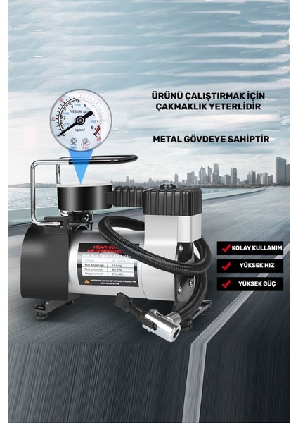Araba Oto Araç Lastik Şişirme Pompası Metal Motorlu Kompresör 150 Psi Çakmaklık Girişli Kompresör