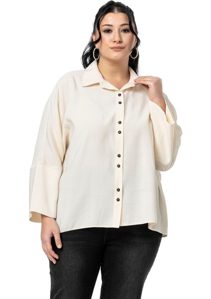 Büyük Beden Düğme ve Kol Detaylı Kısa Ekru Gömlek