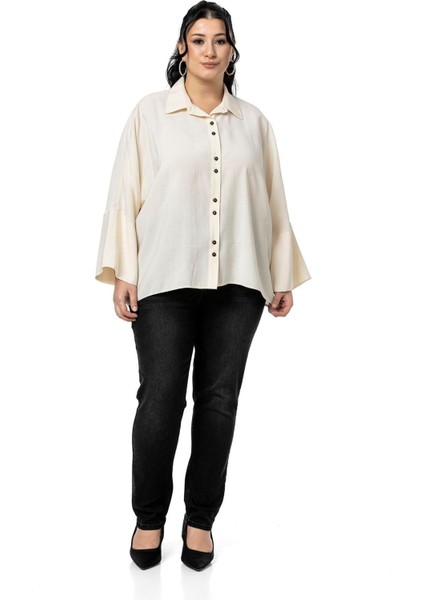 Büyük Beden Düğme ve Kol Detaylı Kısa Ekru Gömlek fiyatları