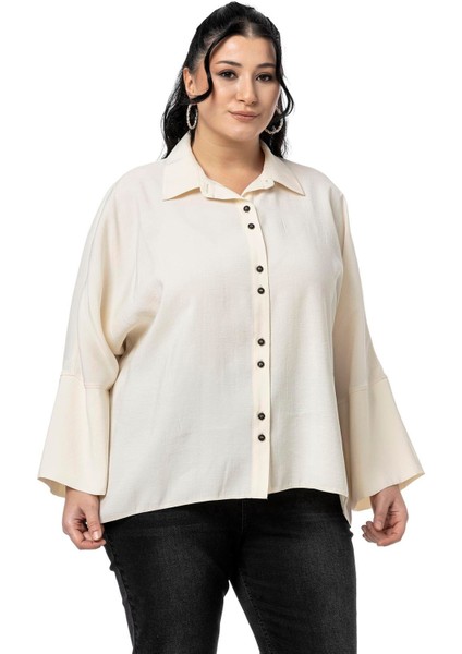 Büyük Beden Düğme ve Kol Detaylı Kısa Ekru Gömlek fırsatları
