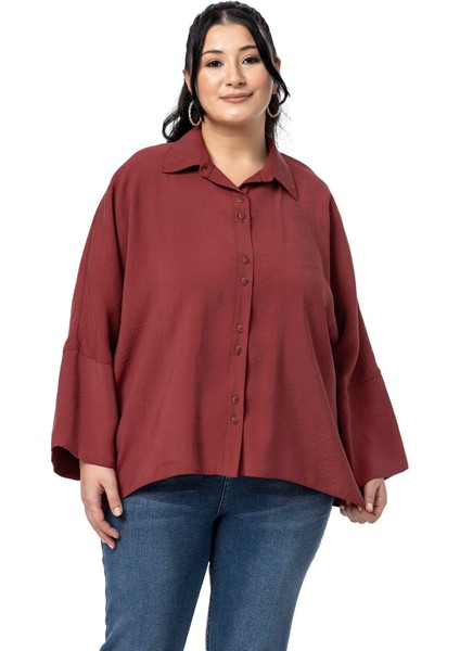 Büyük Beden Düğme ve Kol Detaylı Kısa Bordo Gömlek