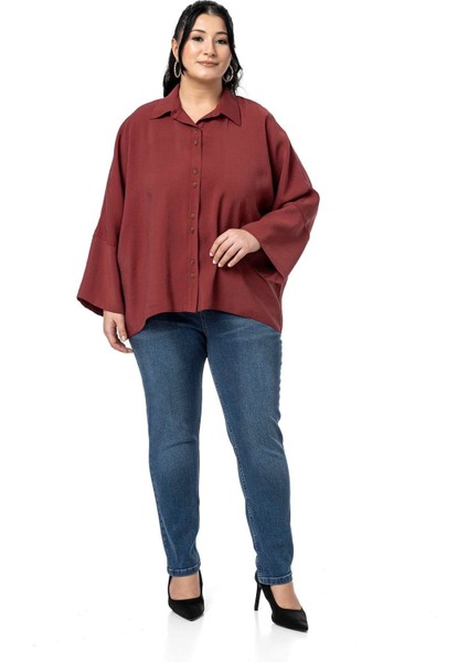 Büyük Beden Düğme ve Kol Detaylı Kısa Bordo Gömlek fiyatları