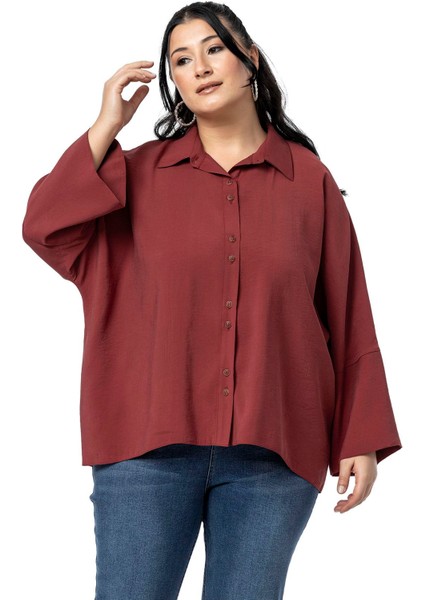 Büyük Beden Düğme ve Kol Detaylı Kısa Bordo Gömlek fırsatları