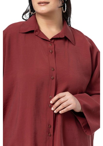 Büyük Beden Düğme ve Kol Detaylı Kısa Bordo Gömlek indirimleri