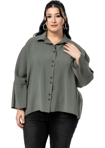 Büyük Beden Düğme ve Kol Detaylı Kısa Haki Gömlek