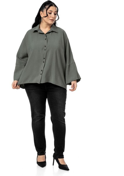 Büyük Beden Düğme ve Kol Detaylı Kısa Haki Gömlek fiyatları