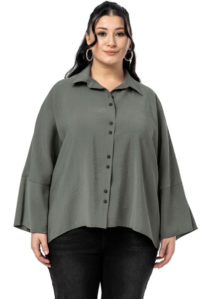 Büyük Beden Düğme ve Kol Detaylı Kısa Haki Gömlek fırsatları