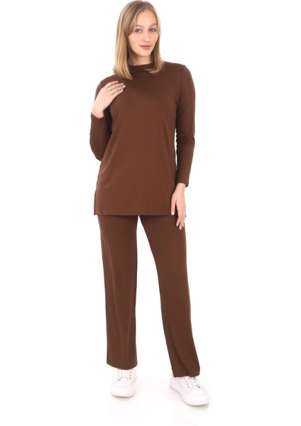 Viskon Tunik ve Pantolon Takım-Kahverengi
