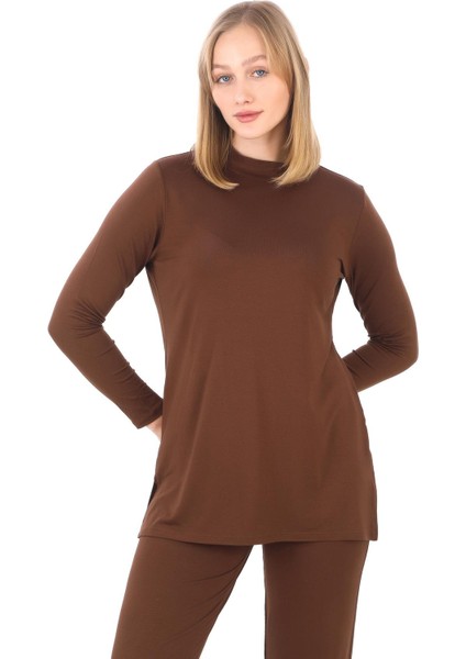 Viskon Tunik ve Pantolon Takım-Kahverengi modelleri