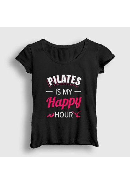 Kadın Siyah My Happy Hour Hediye Pilates T-Shirt