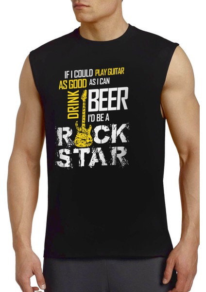 Gitar Rock Star Siyah Kesik Kol / Kolsuz Erkek T-Shirt