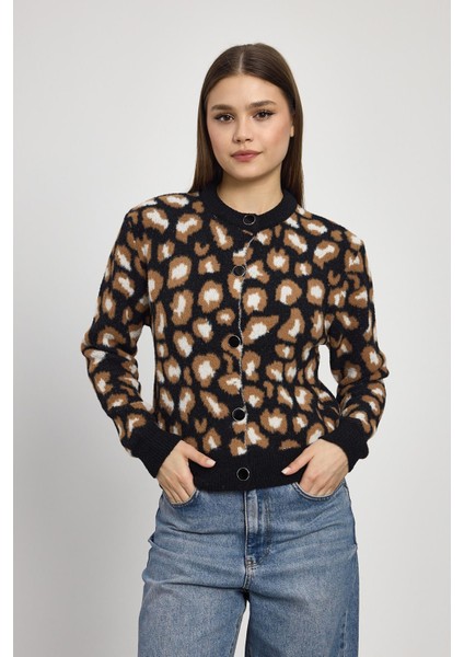 24367 Leopar Detay Triko Hırka Siyah