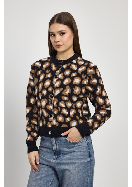 24367 Leopar Detay Triko Hırka Siyah