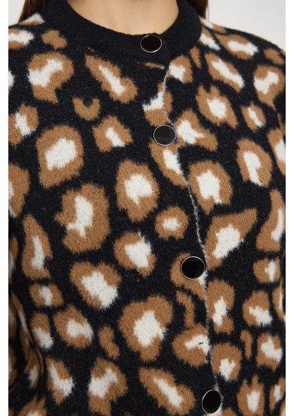 24367 Leopar Detay Triko Hırka Siyah