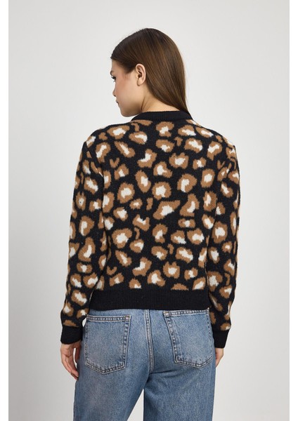 24367 Leopar Detay Triko Hırka Siyah