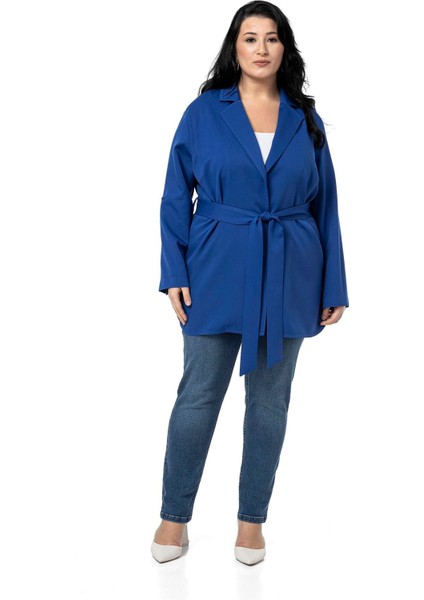 Büyük Beden Katlamalı Kollu Kuşaklı Astarsız Uzun Siyah Ceket