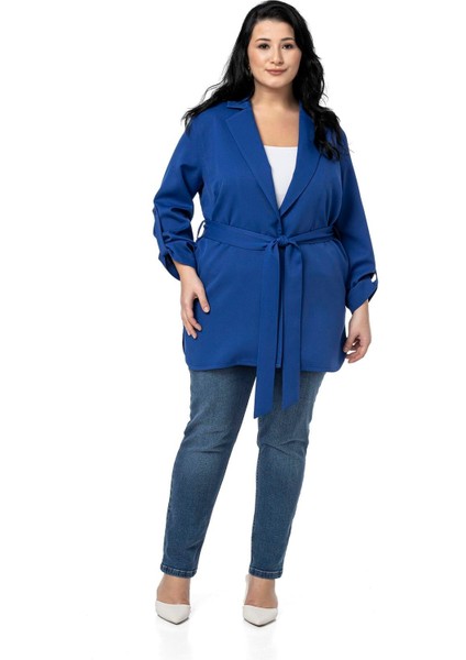 Büyük Beden Katlamalı Kollu Kuşaklı Astarsız Uzun Siyah Ceket fırsatları