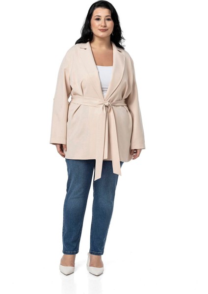 Büyük Beden Katlamalı Kollu Kuşaklı Astarsız Uzun Siyah Ceket